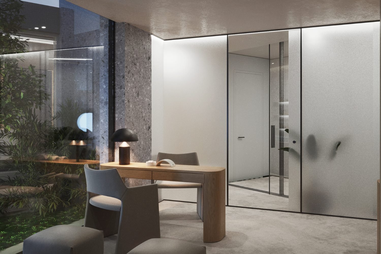 Agia Fyla residence – interior with courtyard planting, evening