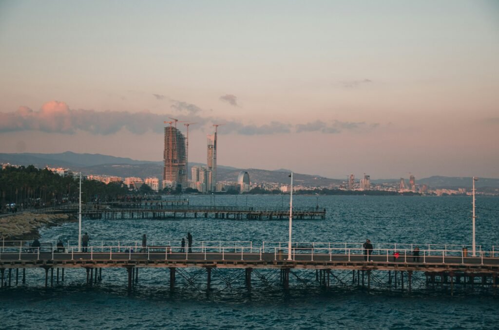 Limassol seafront and pier at sunset