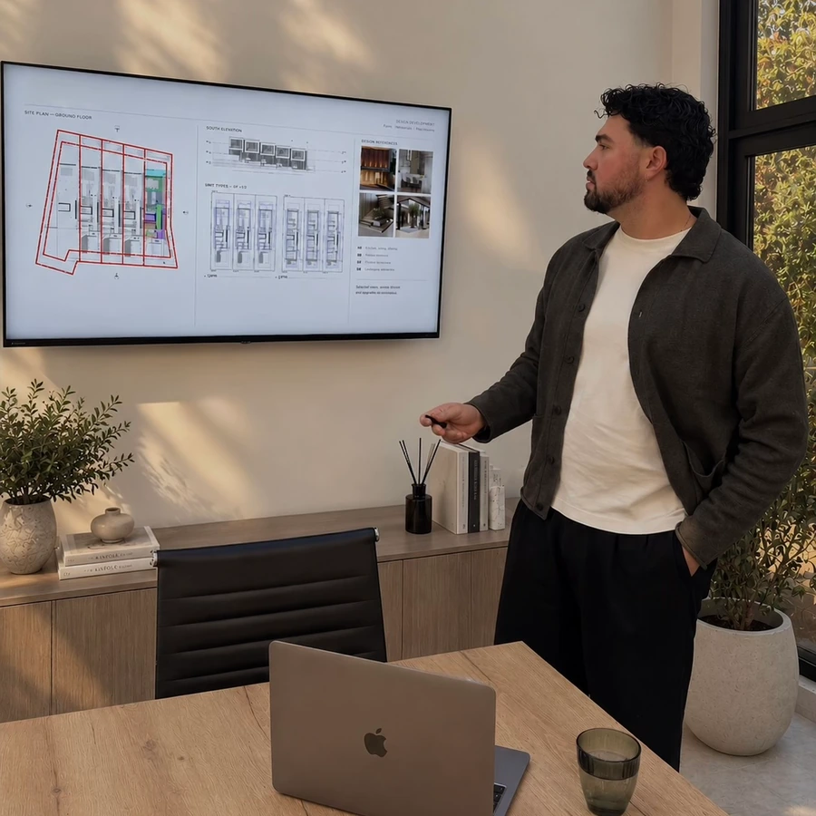 Presenting a site plan and unit layouts during a design review at the Oramira office